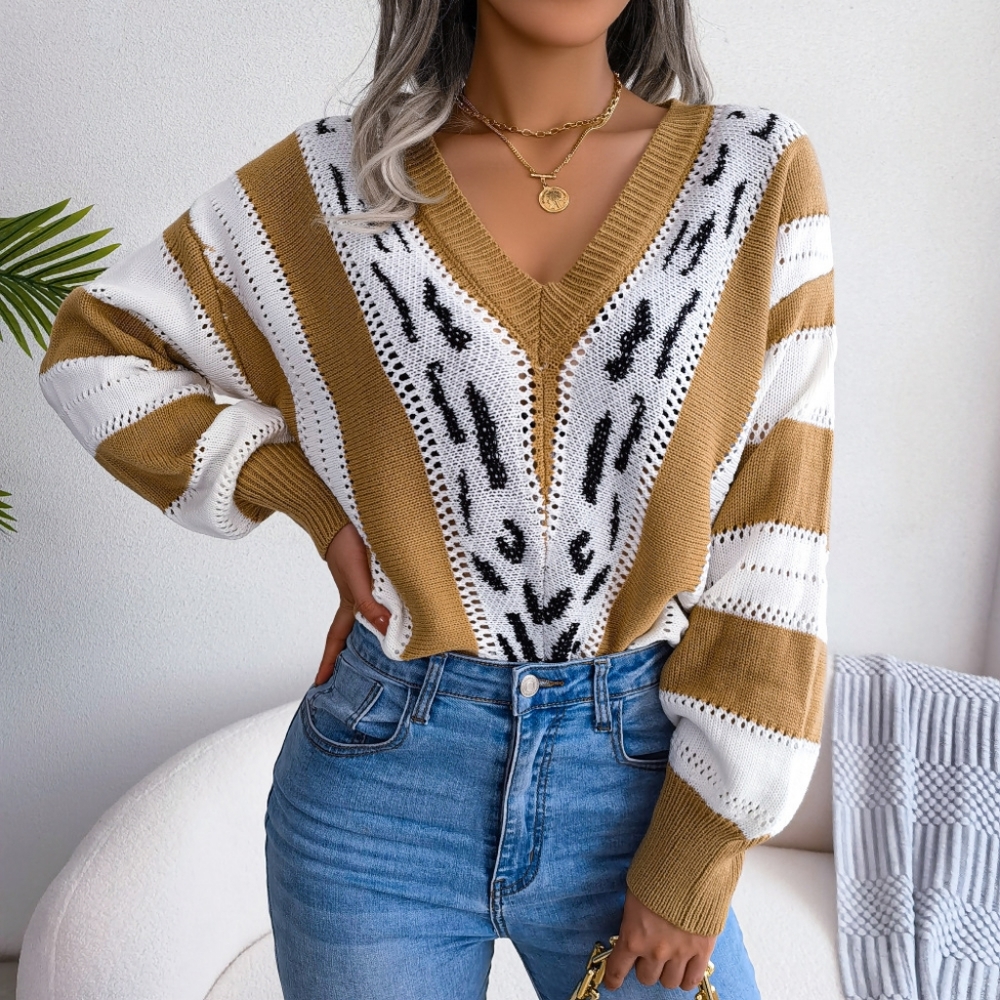 Striped Leopard Print V-Neck Balloon Sleeve Sweater - Picture 2 of 12